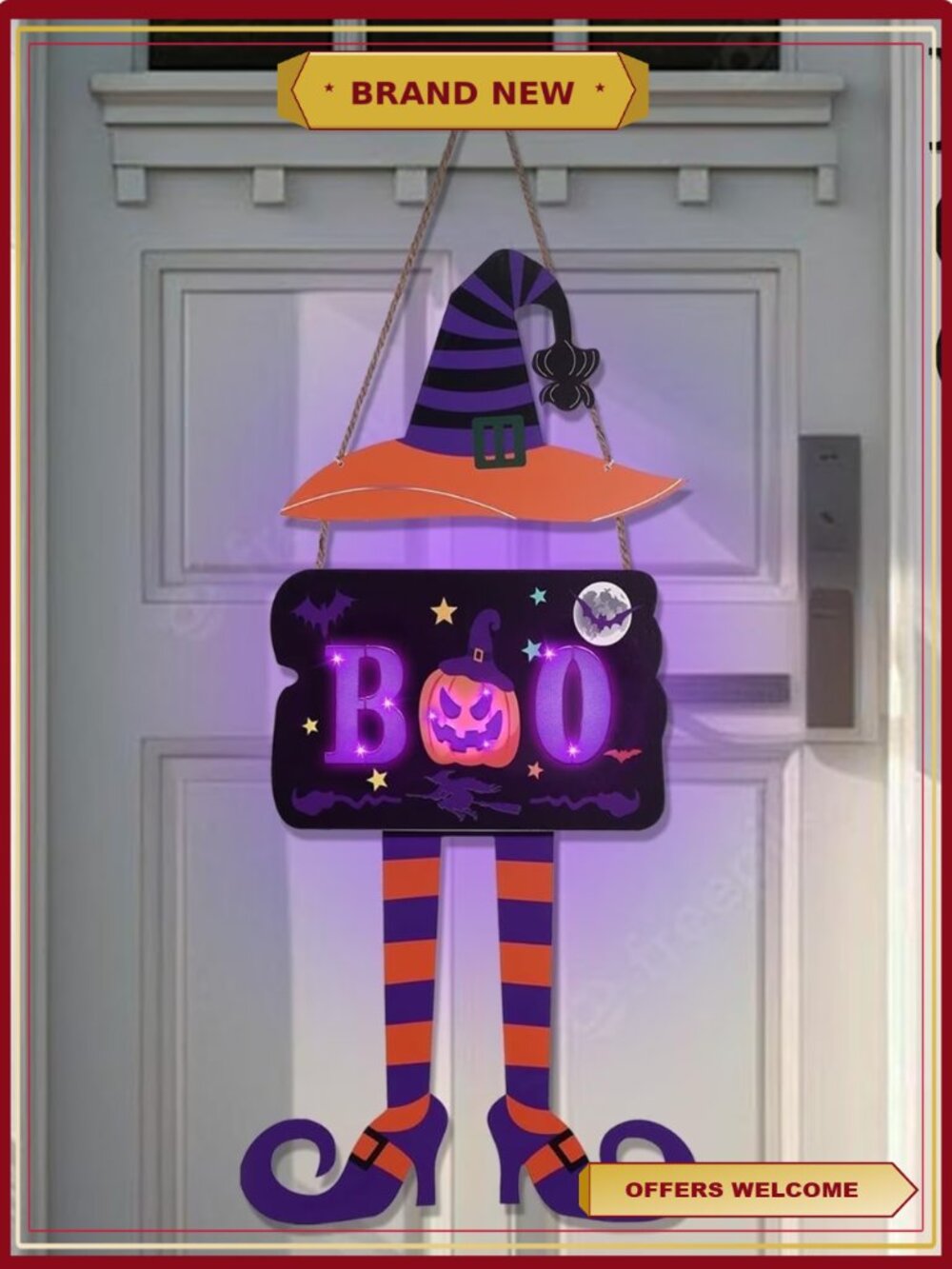 Halloween Door Sign Witch Door Decor Timer Light Up Wreath Boo